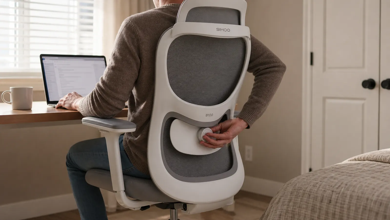 SIHOO B100 mesh office chair set up next to a home desk with adjusted lumbar support