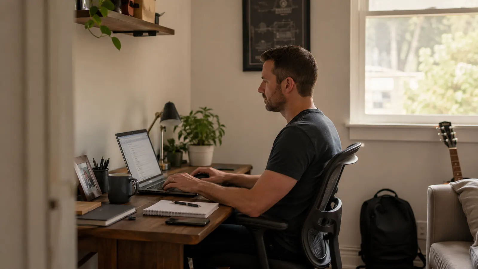 Person sitting upright and relaxed at a desk, working comfortably without leaning forward