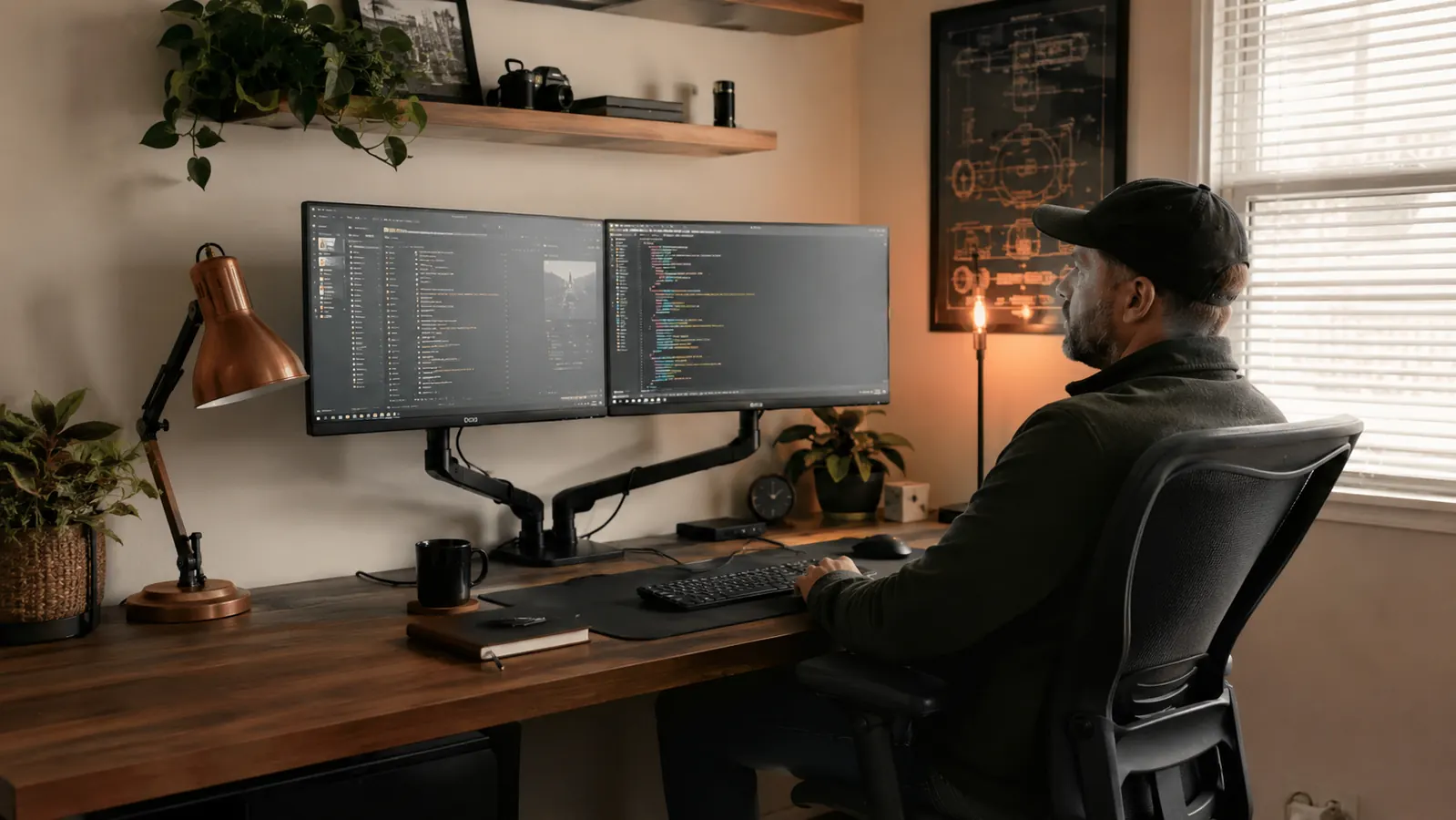Two monitors mounted on adjustable arms above a small home office desk with cables tucked away