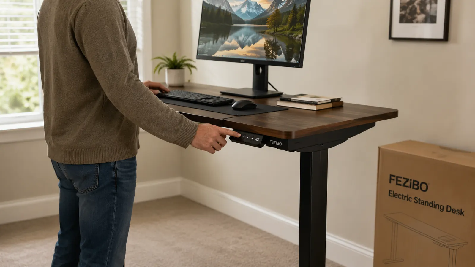 FEZIBO standing desk raised to standing height next to a home office chair