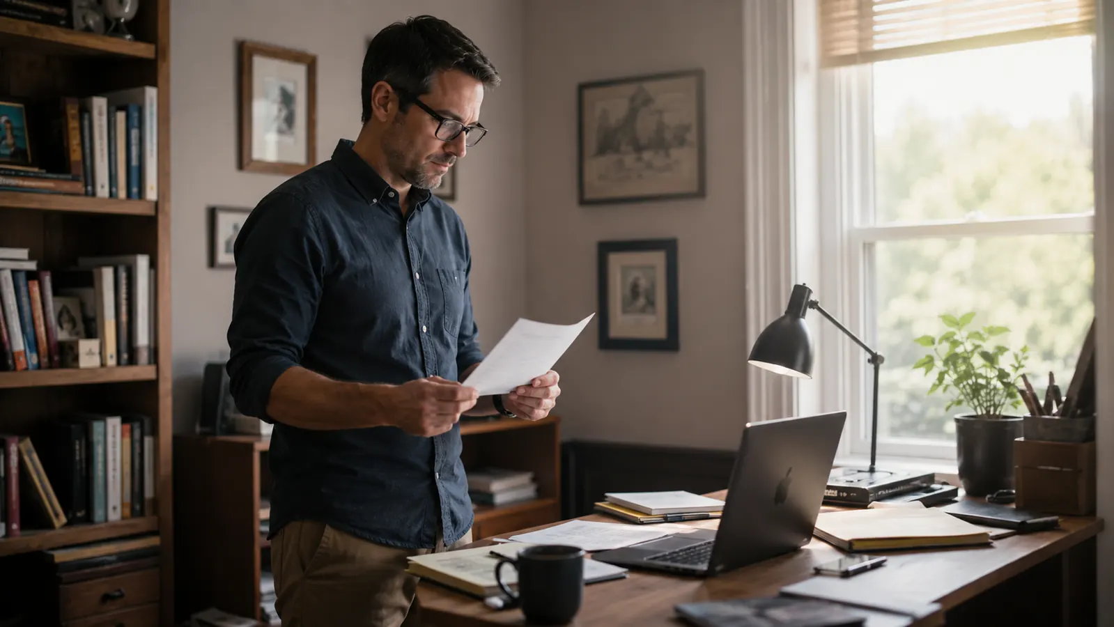 Person standing at a desk mid-afternoon, alert and working through a task list