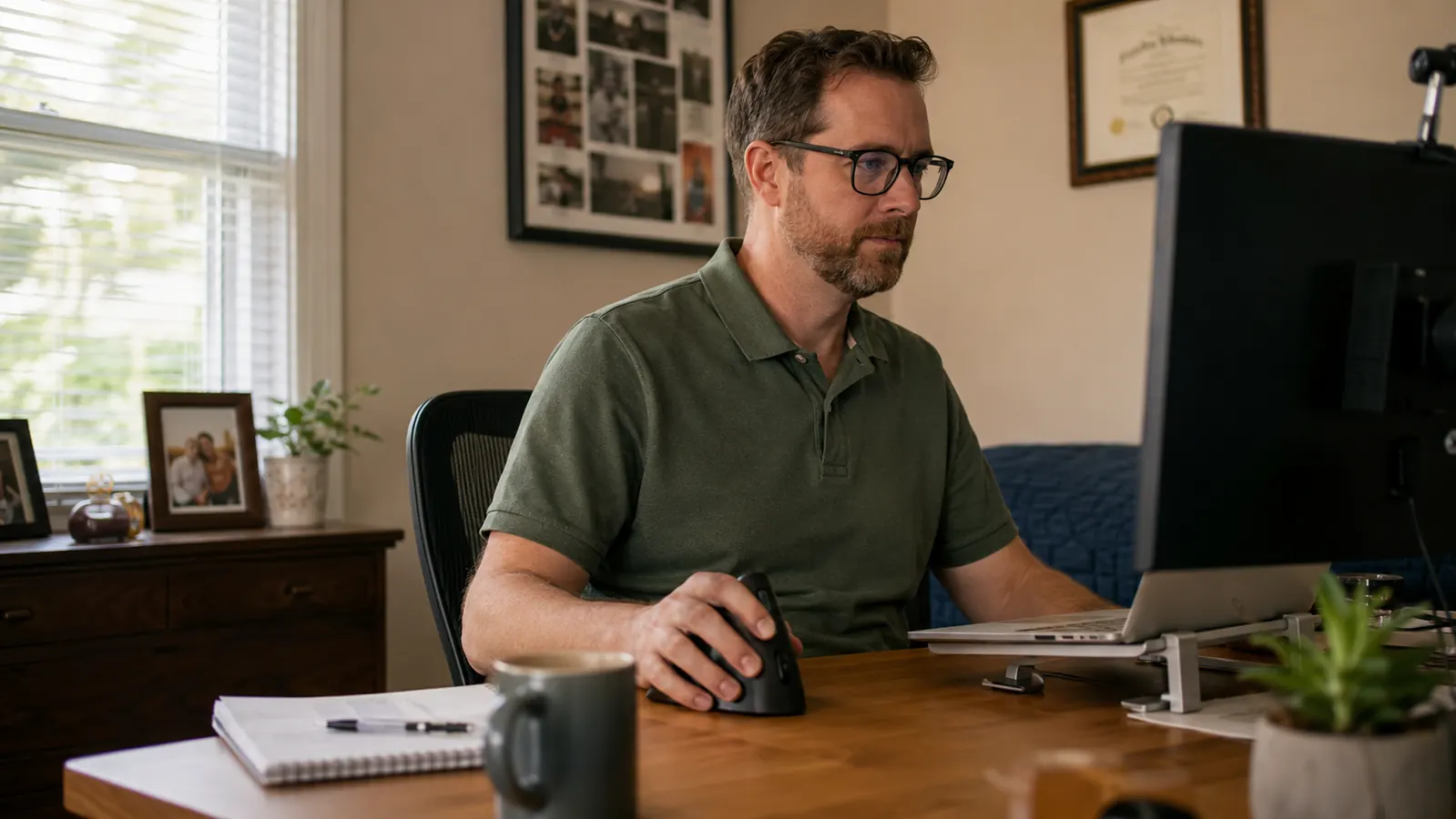 Person typing and using a vertical mouse comfortably without twisting their wrist