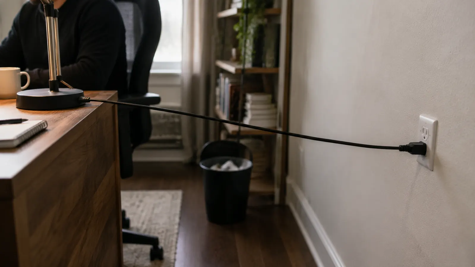 Short power cord from the Airlonv lamp base stretched taut across a desk toward a wall outlet, showing limited slack