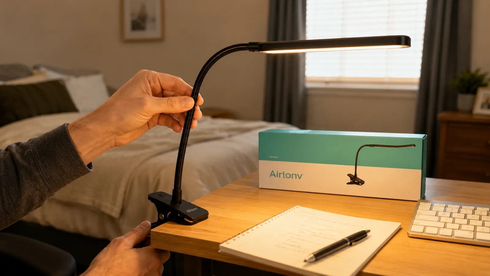 Hand adjusting the gooseneck arm of a clamp-on LED desk lamp on a home office desk