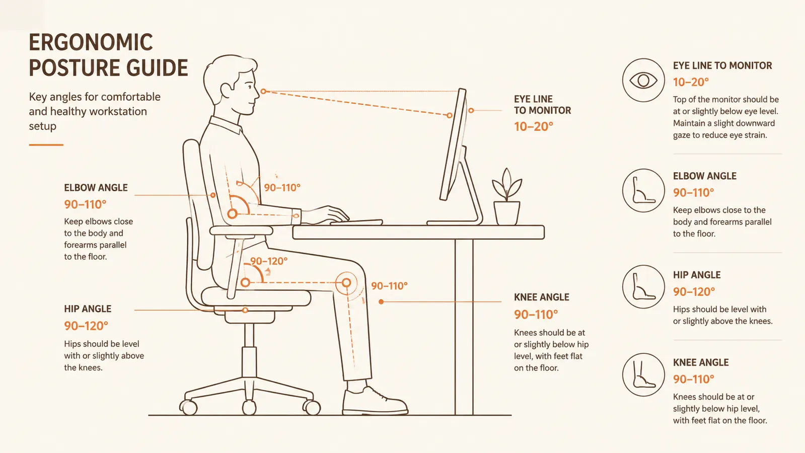 Diagram showing correct seated posture angles for hips, knees, elbows, and eye line at a desk