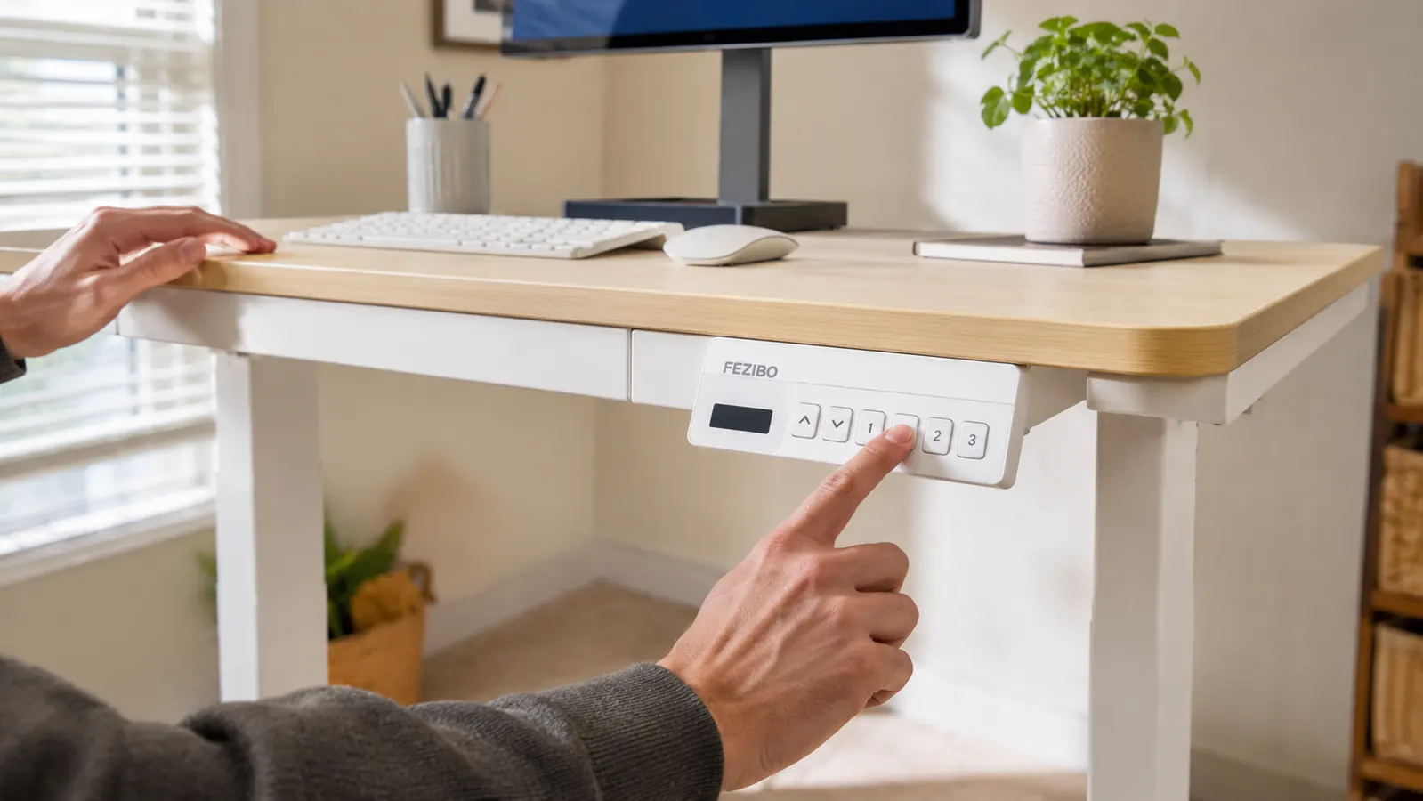 Close-up of a hand pressing a memory preset button on the control panel of a standing desk