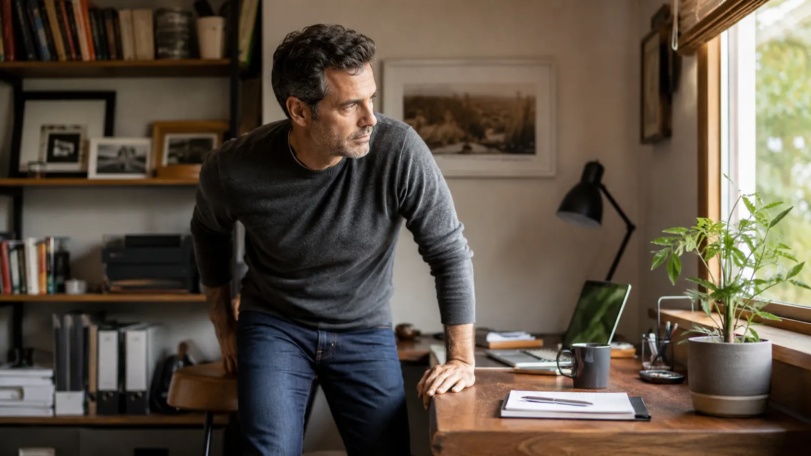 Man switching from sitting to standing at his desk mid-afternoon, stretching before continuing work