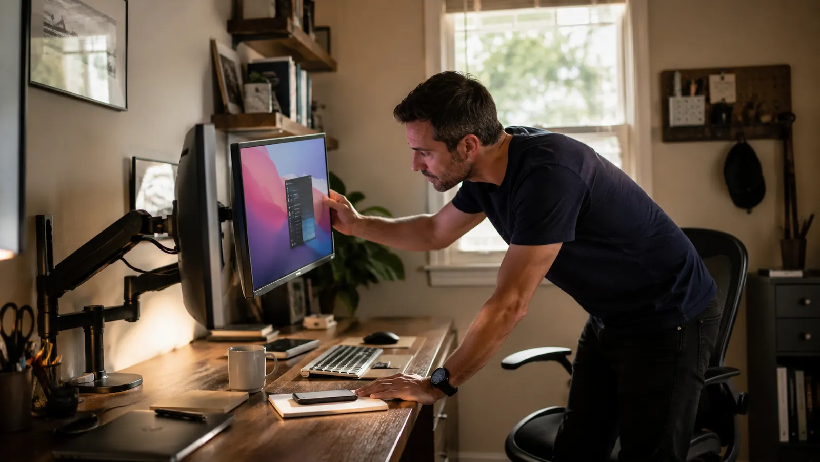 Man tilting a monitor slightly on its mount arm while checking the angle with his hand