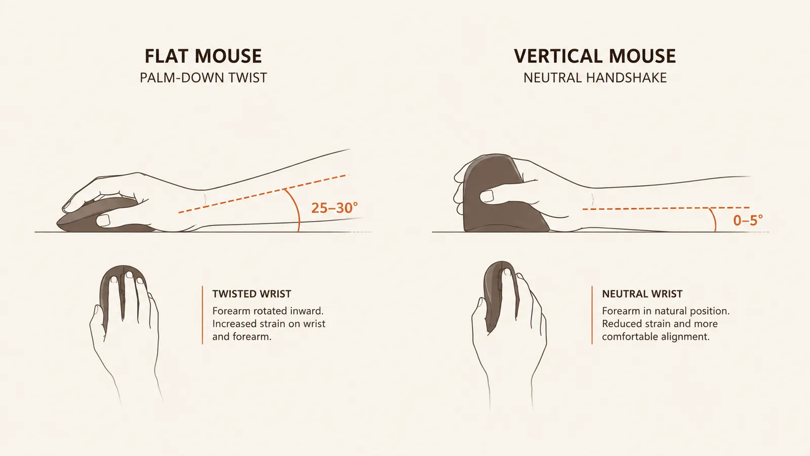 Diagram style chart comparing forearm rotation angle with a flat mouse versus a vertical mouse