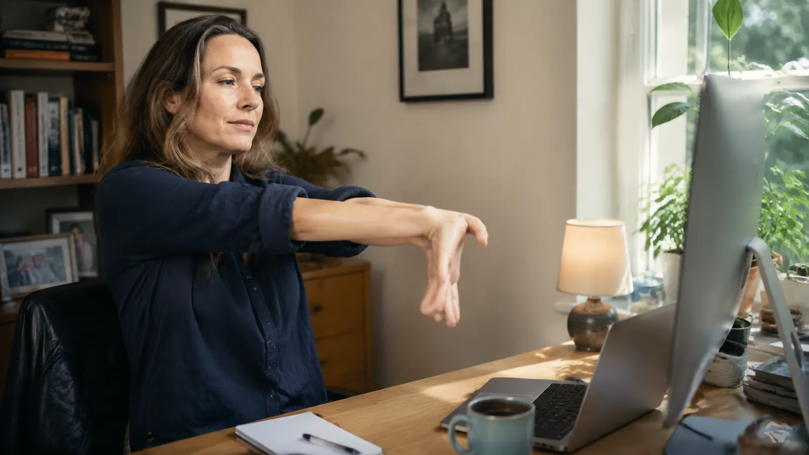 A person stretching their wrist and forearm at a home office desk during a work break