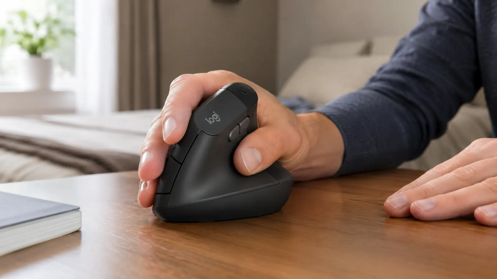 Close-up of a hand gripping a vertical mouse at a natural handshake angle instead of flat on the desk