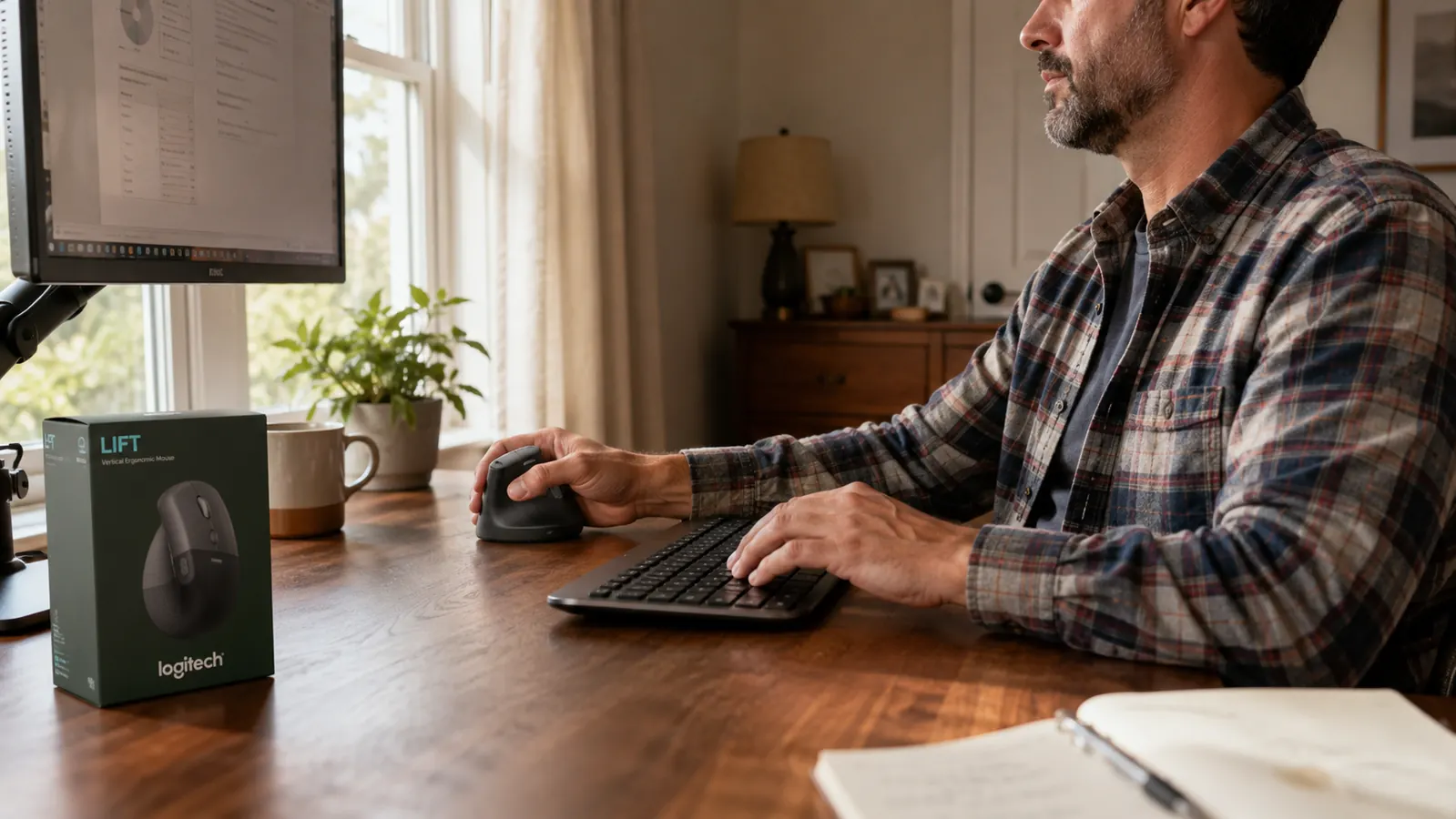 A man typing at a keyboard with a vertical mouse positioned within easy reach on a home office desk