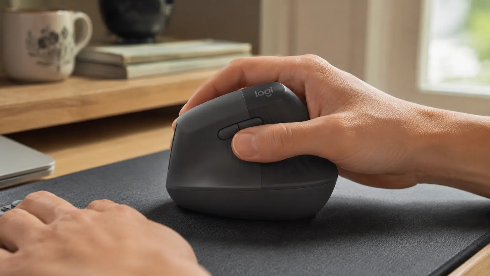 Close-up of a thumb reaching for the customizable side buttons on the Logitech Lift