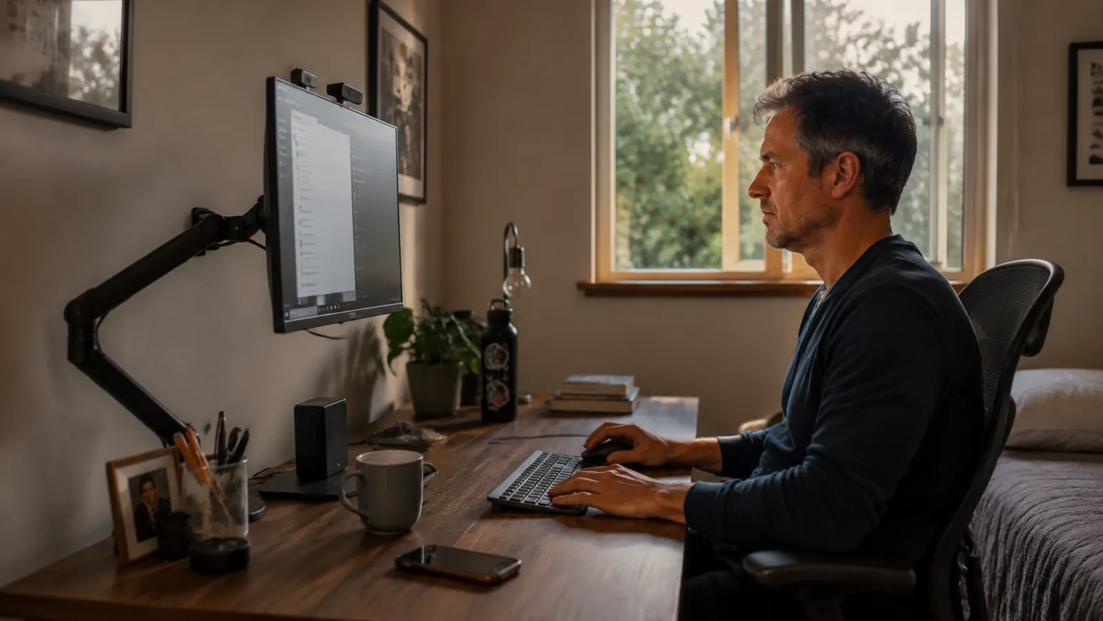 Small home office desk setup in a spare bedroom with a vertical mouse, keyboard, and monitor on an arm