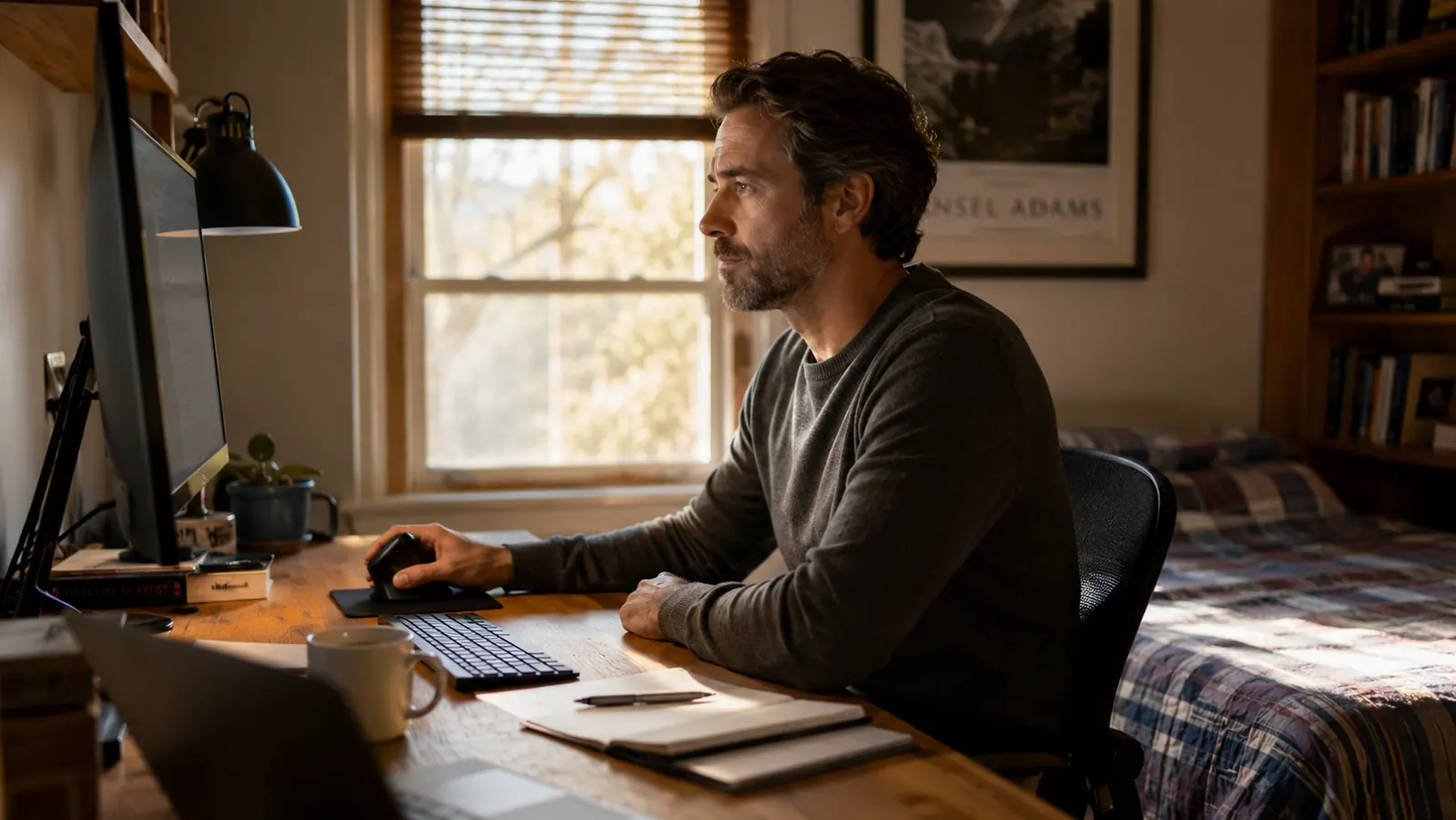 Person typing and using a vertical mouse at a small spare bedroom desk with relaxed shoulders