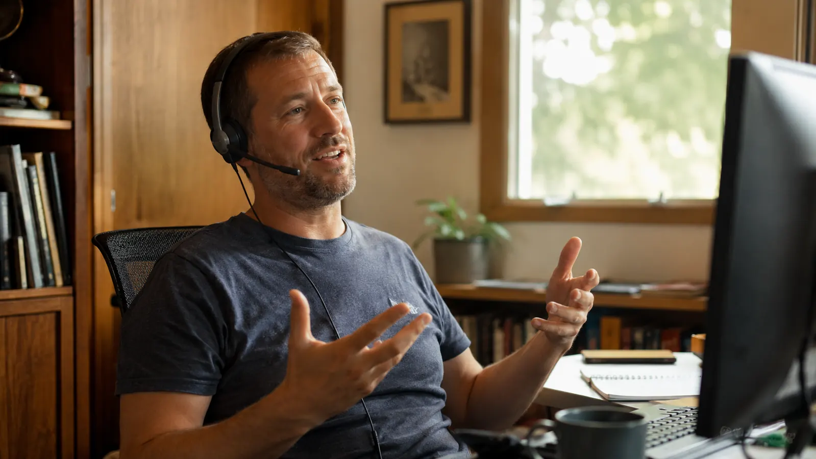 Person leaning back in the SIHOO B100 chair mid-recline while on a work call at a home desk