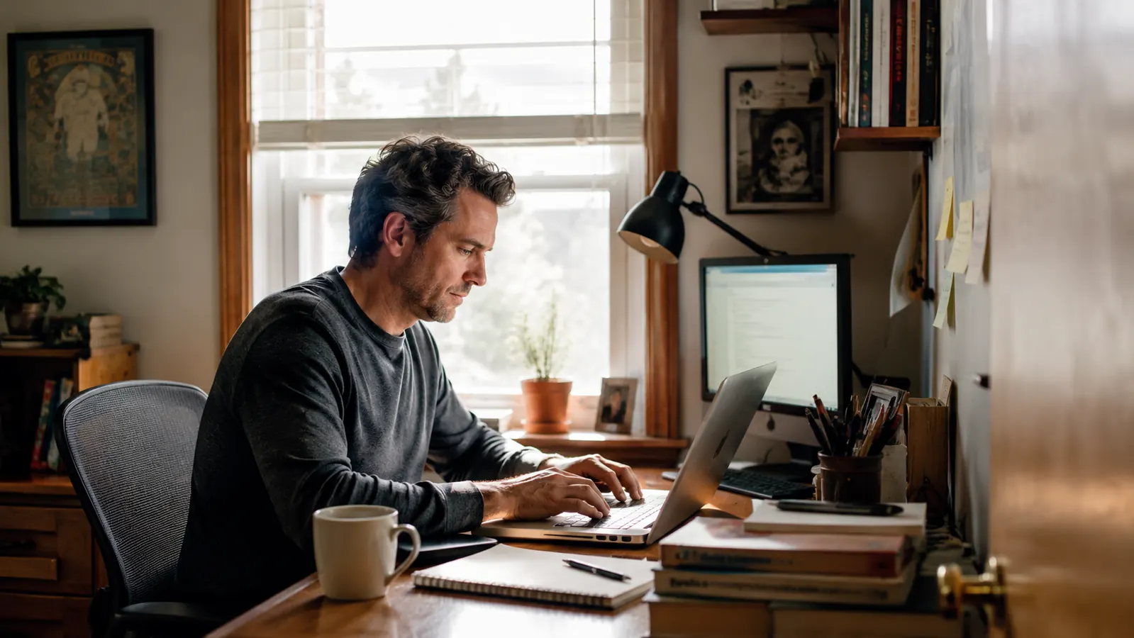 Person working at a home desk in a spare bedroom office with natural light