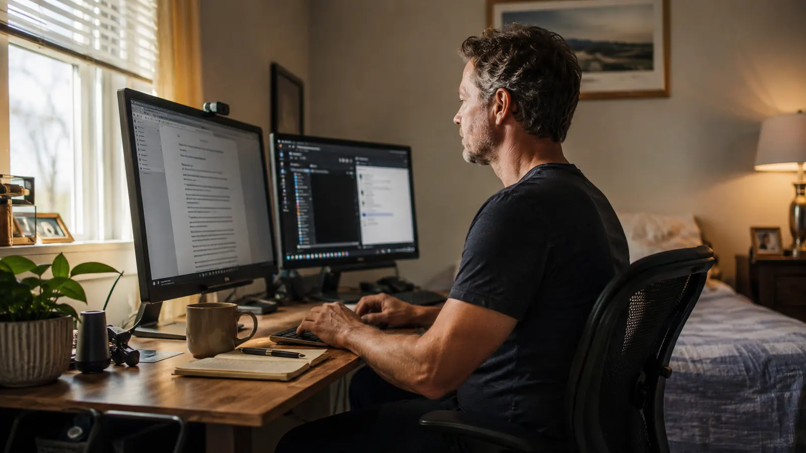 Person sitting upright at a home desk with two monitors raised to eye level